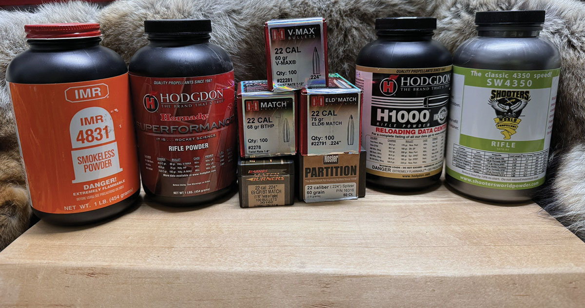 Powder and bullets used in the handload testing. Hornady brass was used along with Federal No. 210 Large Rifle primers.